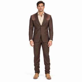 Platini Men's Western Suit with Suede Yoke - Dark Brown