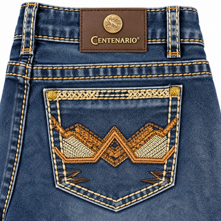 Centenario boy's premium modern slim bootcut western jeans in medium blue wash with decorative front pocket details- back pocket view 