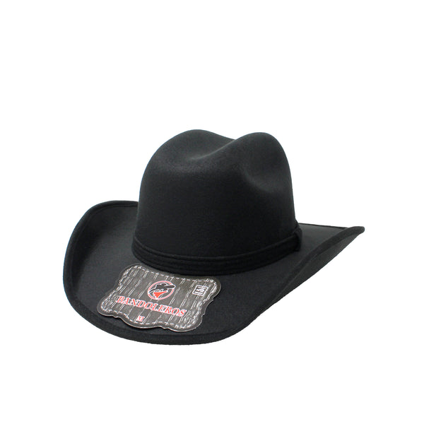 Black cowboy hat with a brand label on a white background