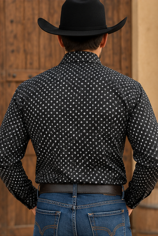 Lamasini Men's Geometric Print Long Sleeve Western Shirt - Black