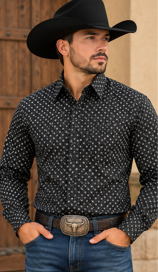 Lamasini Men's Geometric Print Long Sleeve Western Shirt - Black