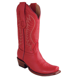 Front angle Los Altos red leather cowboy boot women’s Dubai square toe western boot