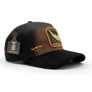 Front close-up of Mantaraya patch on black western luxury hat