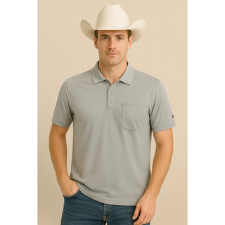 Man wearing The American West grey cotton polo shirt with cowboy hat – western casual wear