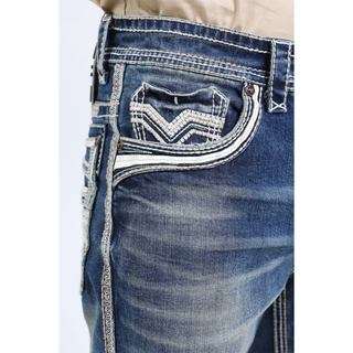 Side view close-up of Platini Holt jeans highlighting the embroidered coin pocket and heavy contrast stitching.