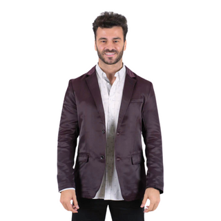Platini men’s plum blazer with notch lapels, two-button front and flap pockets 