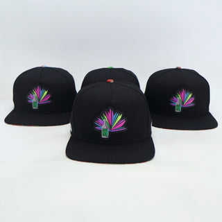 VBR Chihuahua Sotol black snapback cap front view with colorful sotol bottle and agave patch