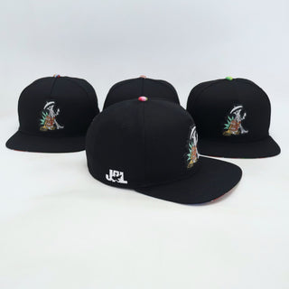 VBR Jalisco black cotton blend snapback cap angled view with embroidered side detail
