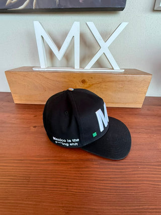 VBR Mexico .MX black snapback cap angled view with embroidered Mexico details