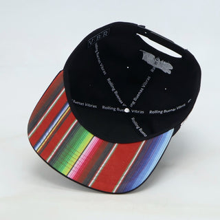 VBR Mexico .MX black snapback cap underside with colorful serape pattern brim