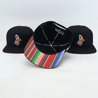 VBR Sinaloa black snapback cap showing colorful striped underbrim and interior details