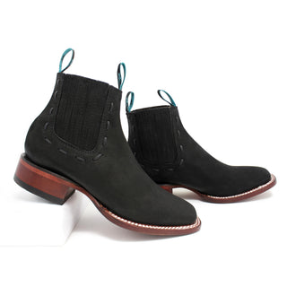 Side view of Los Altos Ladies Ankle Boot in Black Nobuck featuring elastic panels and Western heel.