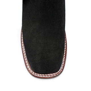Close-up of the wide square toe and white welt stitching on Los Altos Ladies Black Nobuck Boot.