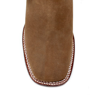 Close-up of the wide square toe and white welt stitching on Los Altos Ladies Taupe Nobuck Boot.