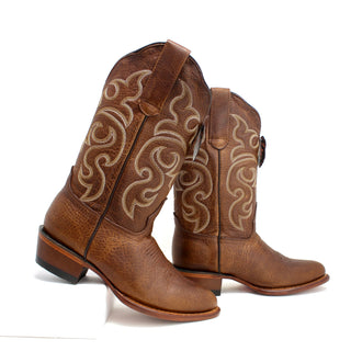 Side view of Los Altos Women’s Round Toe Western Boots in Rage Walnut showing swirl embroidery and stacked heel.
