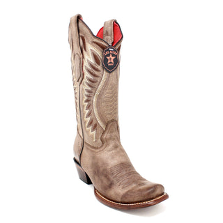 Single Los Altos Women’s Dubai Boot in Vintage Brown highlighting the Dubai square toe and embroidered shaft.
