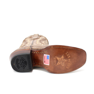 Bottom view of Los Altos Dubai Boot showing leather sole, Los Altos logo embossing, and USA flag sticker.
