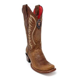 Single Los Altos Women’s Dubai Boot in Volcano Light Brown highlighting the Dubai square toe and embroidered shaft.