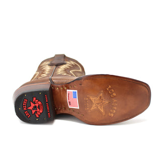Bottom view of Los Altos Women’s Dubai Western Boot showing leather sole with Los Altos logo and American flag sticker.