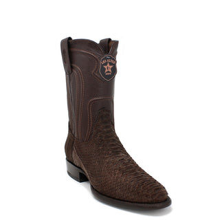 Single Los Altos Men’s Genuine Python Roper Boot in nobuck brown featuring round toe and sleek handcrafted finish.