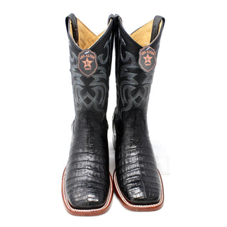 Front angle of Los Altos Men’s Black Caiman Belly Boots highlighting square toe and shaft embroidery.