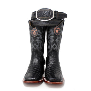 Front view of Los Altos Men’s Genuine Caiman Belly Western Boots in Black with matching caiman belt.