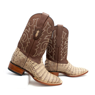 Side view showing the distinctive caiman belly scale pattern and classic Western stitching.