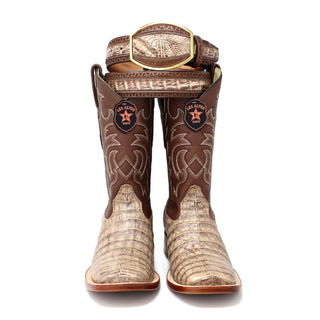 Front view of Los Altos Men’s Genuine Caiman Belly Western Boots in Mocha with matching caiman belt.