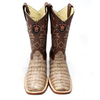 Front angle of Los Altos Men’s Mocha Caiman Belly Boots highlighting square toe and shaft embroidery.