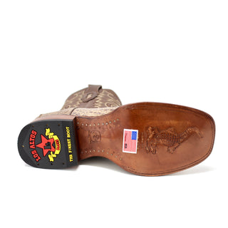 Bottom view of Los Altos Caiman Belly Boot showing leather sole with embossed gator logo.