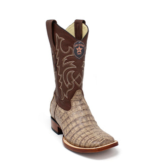 Single Los Altos Men’s Caiman Belly Boot in Mocha with handcrafted finish and pull tabs.