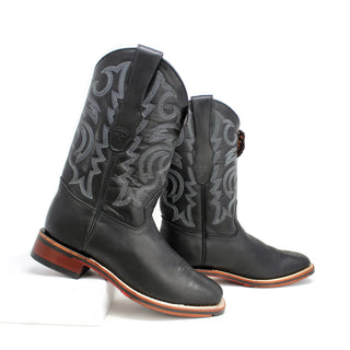 Angled front view of Los Altos Black Boots showing square toe and decorative embroidery.