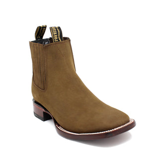 Los Altos men’s brown nobuck ankle boot with wide square toe and branded pull tabs.
