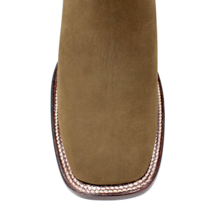 Close-up of Los Altos men’s ankle boot in brown nobuck with wide square toe and stitched welt. 