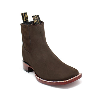Los Altos men’s Tabaco nobuck ankle boot with wide square toe and branded pull tabs.