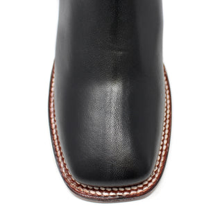 Close-up of wide square toe on Los Altos men's black imitation deer ankle boot