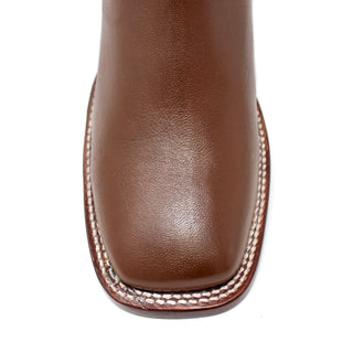Close-up of wide square toe on Los Altos men's brown imitation deer ankle boot