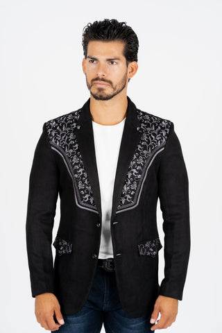 Platini Men's Black Embroidered Suede Blazer