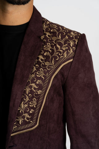 Platini Men's Brown Embroidered Suede Blazer