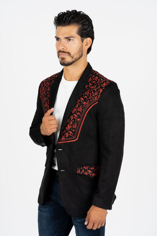 Platini Men's Black/Burgundy Embroidered Suede Blazer