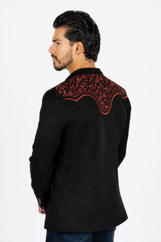 Platini Men's Black/Burgundy Embroidered Suede Blazer