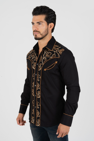 Platini Men's Cotton Black Embroidery Western Shirt