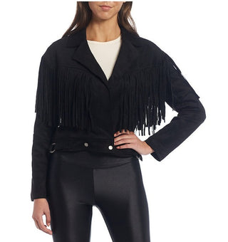 Suede Fringe Crop Jacket- Black