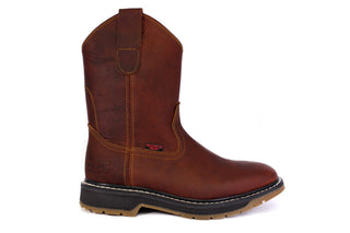 Side view of a leather pull up work boots in the color chestnut