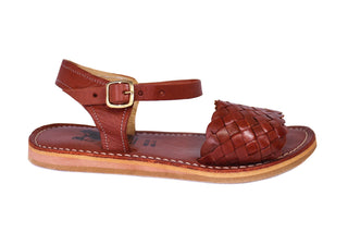Side view of a leather woven strap sandal with an ankle buckle in the color chestnut