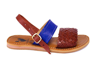 Side view of a leather woven double strap sandals with an ankle buckle in the color chestnut and blue