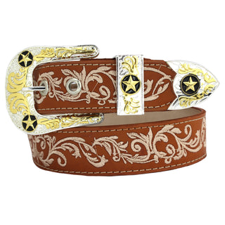 Leather Belt w/ Embroidered Print- Honey