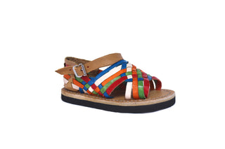 Side view of an opened toe multicolor leather woven kid's sandal