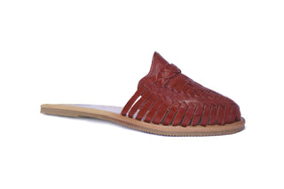 Side view of a closed toe leather woven sandal in the color chestnut
