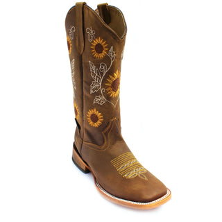 Brown leather square toe boot with sunflower embroidery